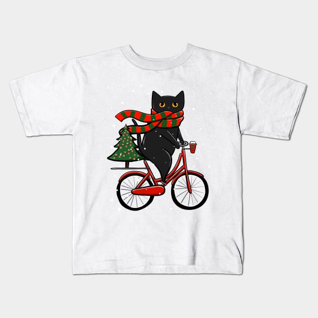 Black Cat Winter Bicycle Ride Kids T-Shirt by KilkennyCat Art